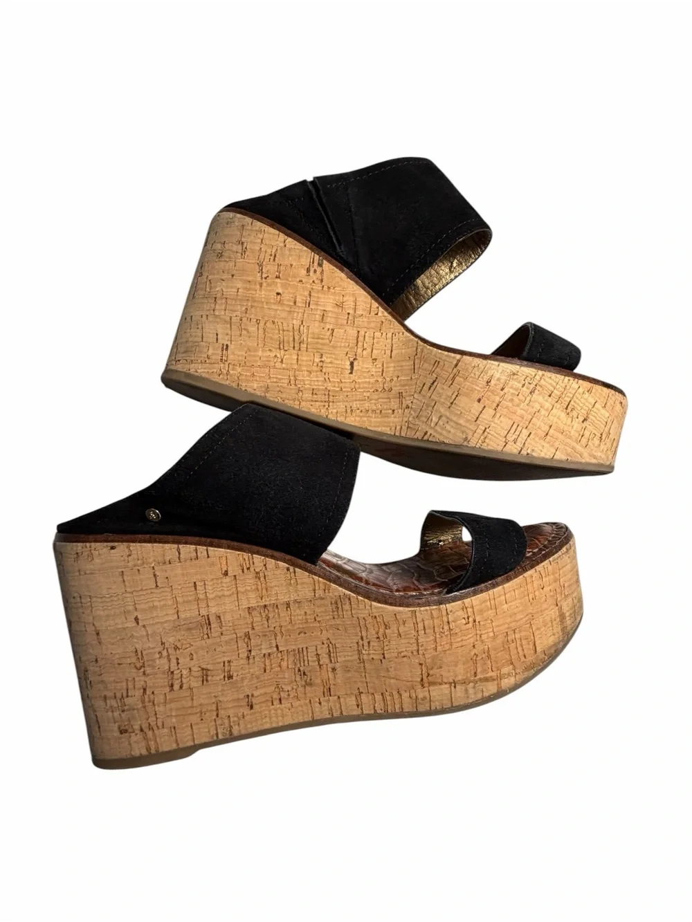 Sam Edelman Gala Women's Black Suede Two-Strap Cork Wedge Sandals Sz 8.5